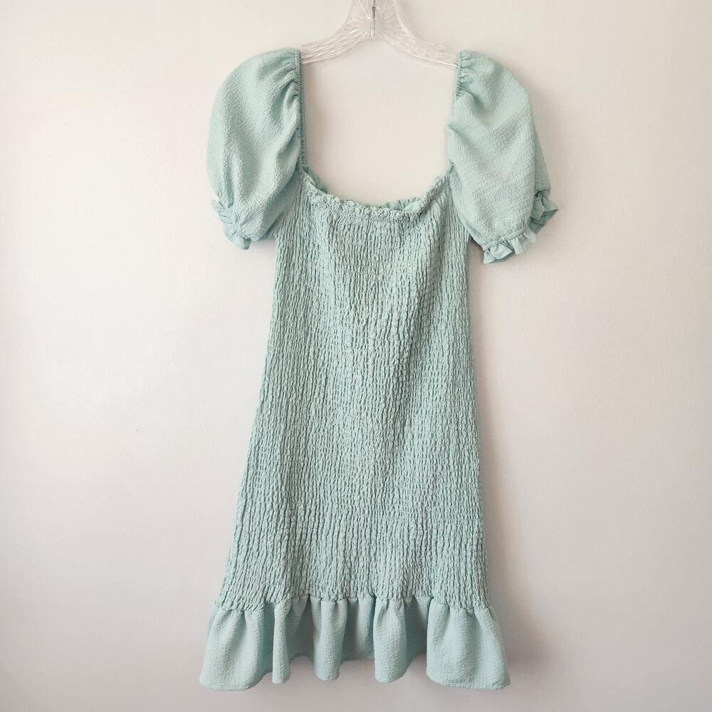 BiBi Dress Womens S Greenish Blue Gauzy Shirring Boho Chic Cottagecore Babydoll